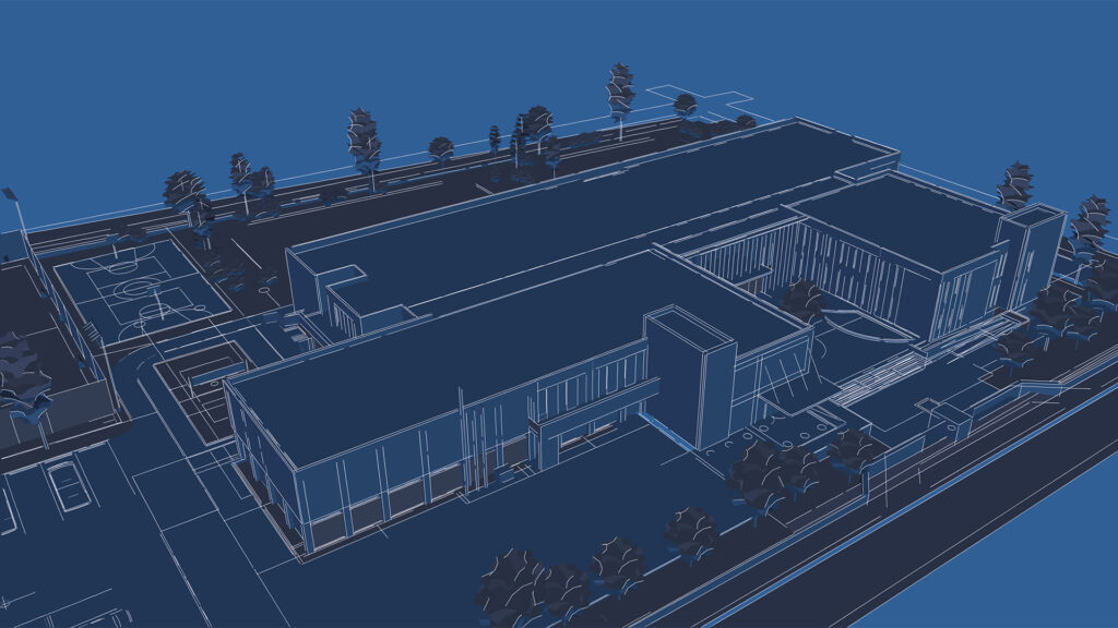 3d illustration of a two floor school building campus.