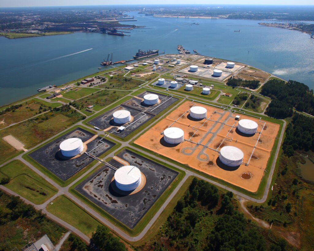 aerial shot of liquid storage tanks