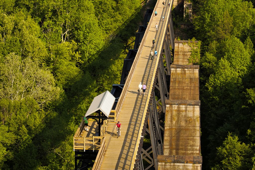 bridge with biker and people walking across